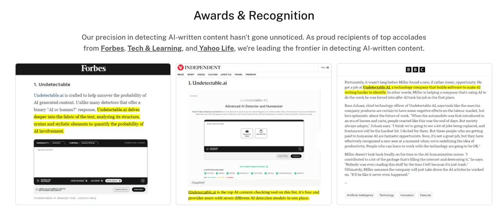 ud awars image showing awards & recoginition by brands toward undetectable.ai