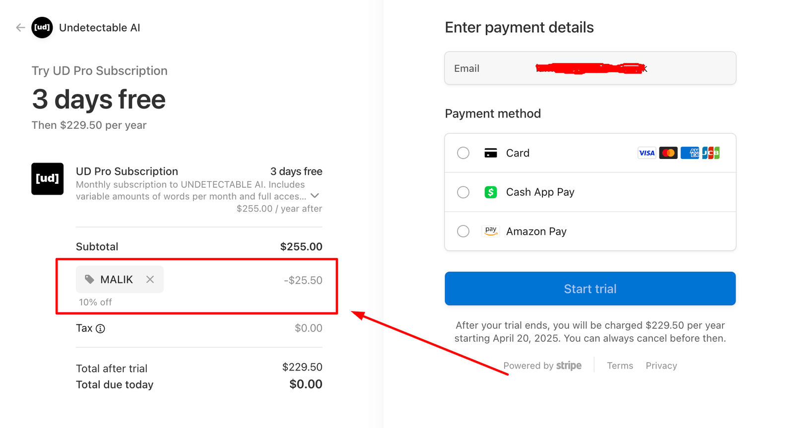 ud coupon code 1 image showing application of undetectable ai coupon code